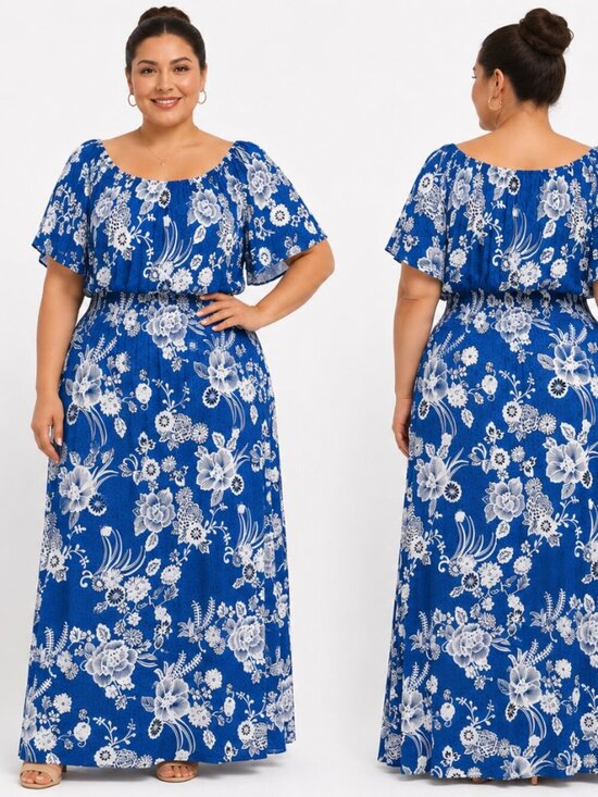 Kindred Dresses & Skirts - Kindred Blue White Floral Maxi Dress Plus 2X Smocked Waist Boho Flutter Sleeve